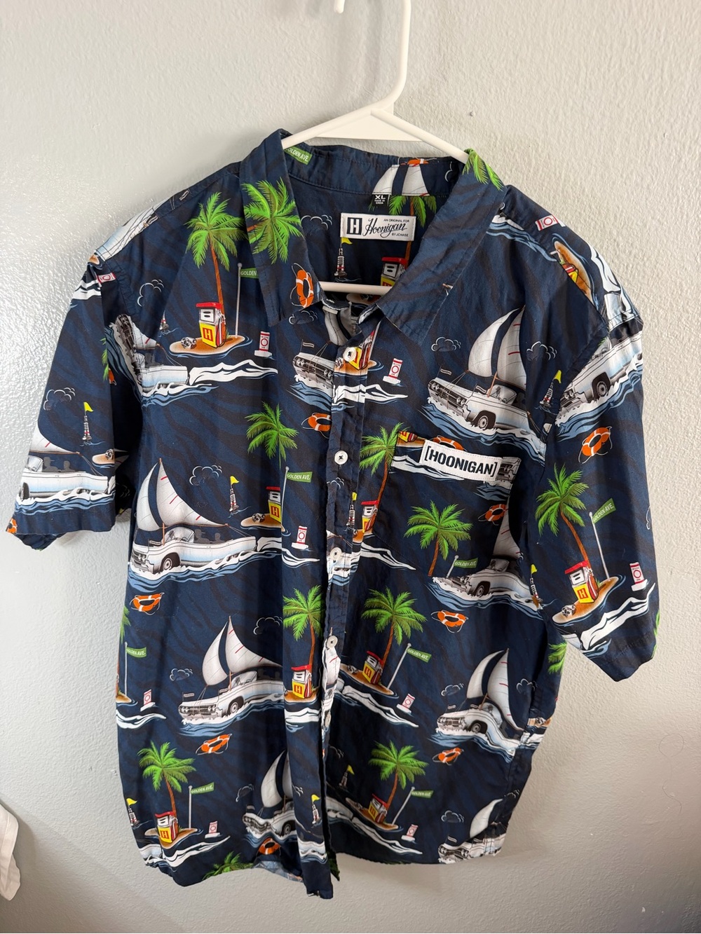 Hoonigan Men's Navy Tropical Print Button-Down Shirt